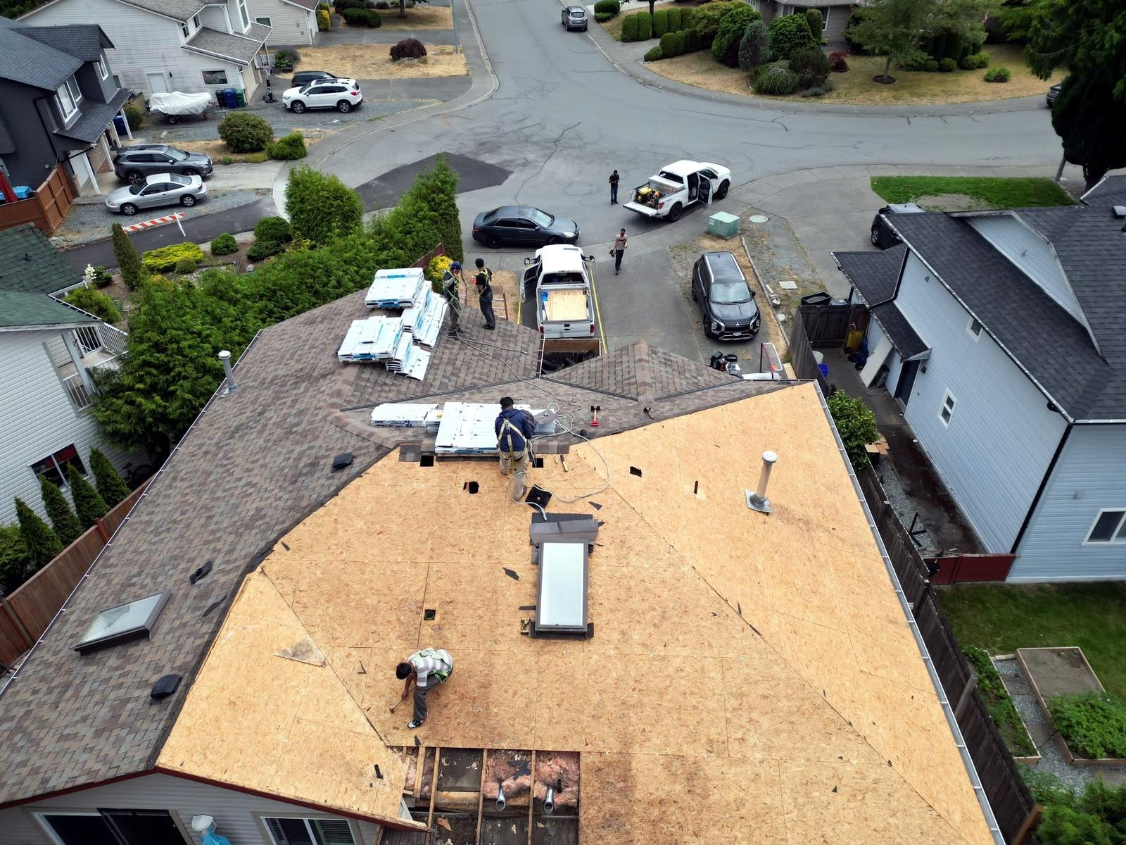 Roof deck exposed during emergency storm repair in Nanaimo, BC